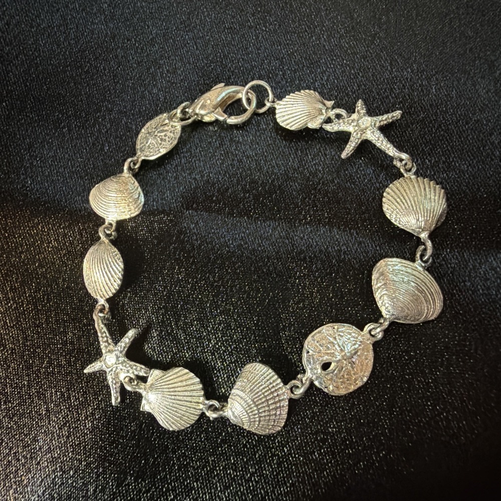 Vintage Sterling Silver Seashell Link Bracelet Nautical Coastal Grandma Y2K